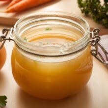 Bone broth made from chicken in a glass jar, with carrots, onions, and celery root in the background
